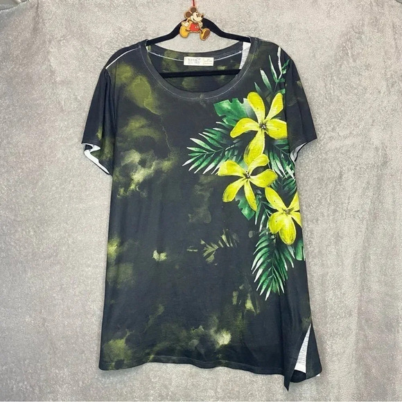Terra & Sky 3X Top Shirt Green Yellow Floral Embellished Short Sleeve Round Neck - Picture 1 of 6